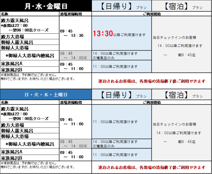 10月1日からの浴場清掃及び利用開始時間表